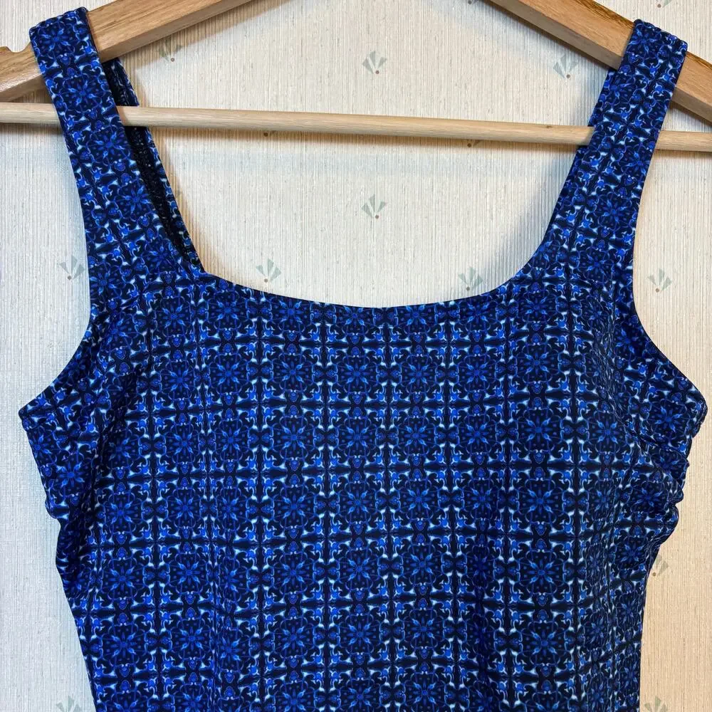 Lands End Tugless Low Leg One Piece Swimsuit 8L Navy Mosaic Mini Tile UPF50  NWT - Picture 5 of 13